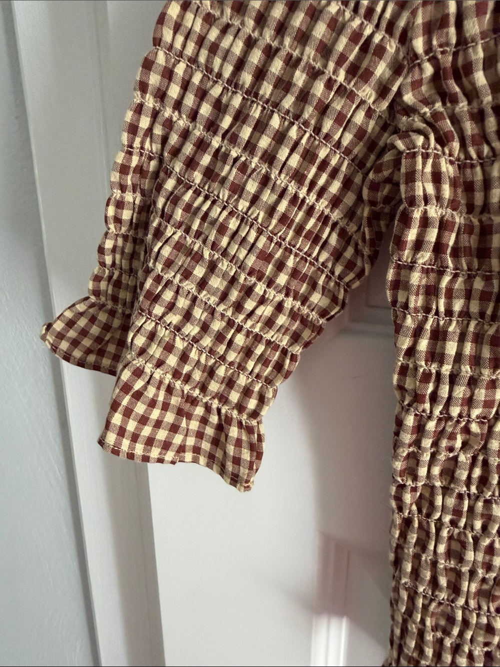 Puff-Sleeve Gingham Button-Up in Brown and Cream medium - Picture 3 of 5
